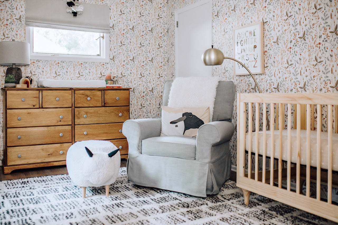 Infant girl's nursery featuring Sonoma wallpaper in White by Lisel Jane Ashlock