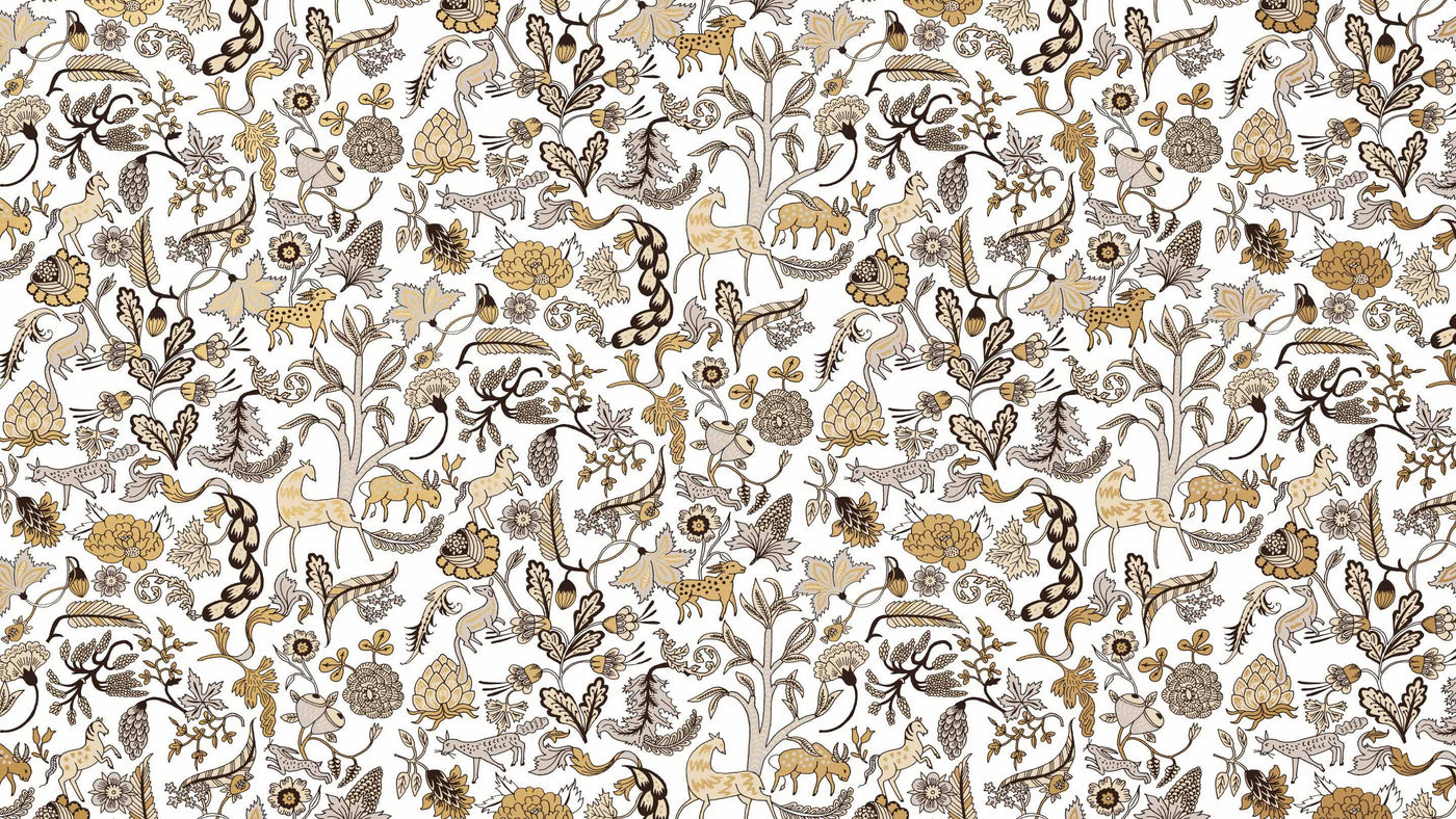 Foret (Gold) pattern features magical animals and flowers in metallic gold, tan and gray on white 