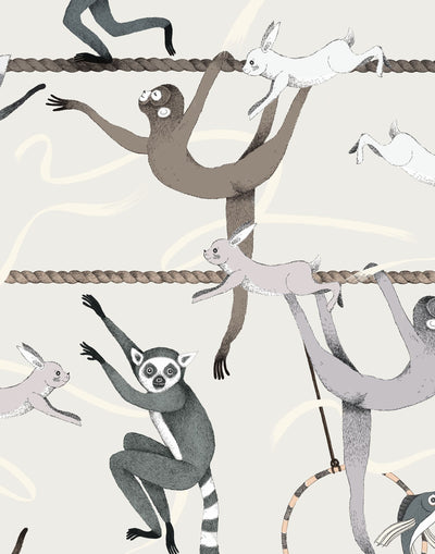 Balancing Act (Cream) wallpaper features colorful dancing monkeys and rabbits on a cream background