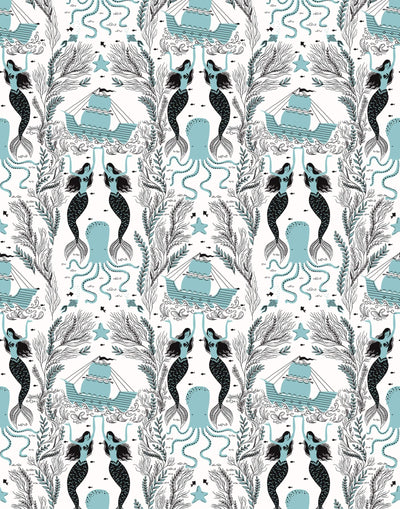 Mermaids (Ocean) wallpaper | Mermaids, fish, octopi and ships float in this charming design | turquoise and black artwork on an off white ground
