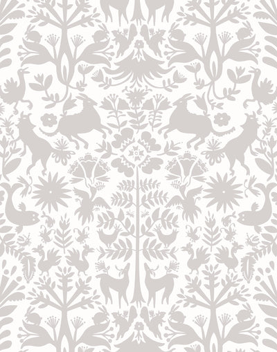Folklore (Pewter) features gray animals and flowers in a mirroring pattern on a white backgroud designed by Emily Isabella for Hygge & West
