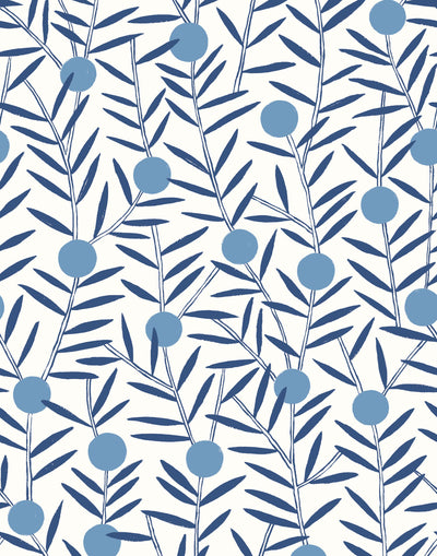 Bloom (Bluebell) Wallpaper featuring dusty blue dots and deep blue stems on a white ground in a modern, graphic floral 