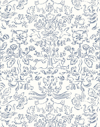 Storyline (Delft Blue) Wallpaper | Folk art inspired pattern featuring flora and fauna in a delft blue on a white ground