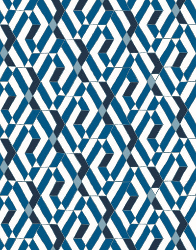 Quilt (Blue) features modern, geometric lines and shapes in shades of blue