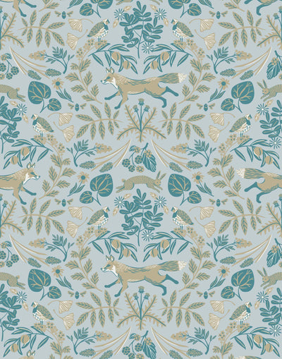 Piedmont (Mist) wallpaper with tan foxes, dusty deep green flora, cream accents on a light gray blue background