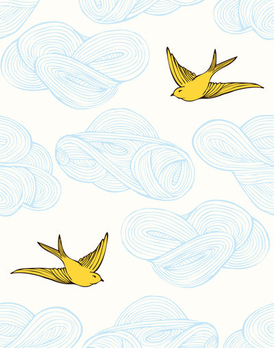 Daydream (Sunshine) features a pattern of flying birds and floating clouds in yellow and blue on white