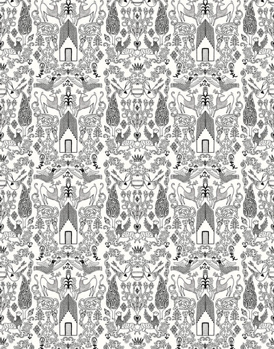 Nethercote (Black) features a black on white pattern of a country home and garden illustrated by Julia Rothman