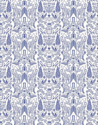 Nethercote (Blue) features a blue on white pattern of a country home and garden illustrated by Julia Rothman