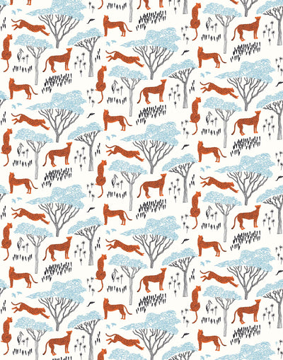 Serengeti (Orange) wallpaper features cheetahs, birds and African trees in orange and blue on white illustrated by Julia Rothman