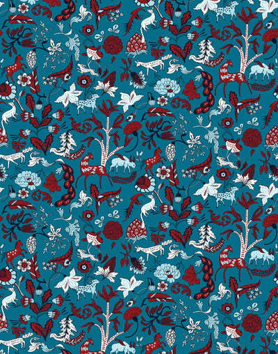 Foret (Teal) features magical animals and flowers in red and white on teal blue designed by Julia Rothman