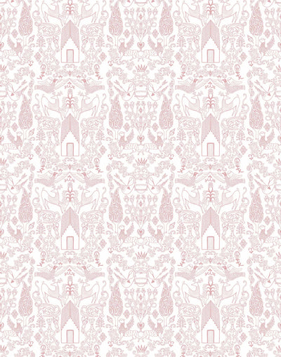 Nethercote (Rose) features a pink on white pattern of a country home and garden illustrated by Julia Rothman