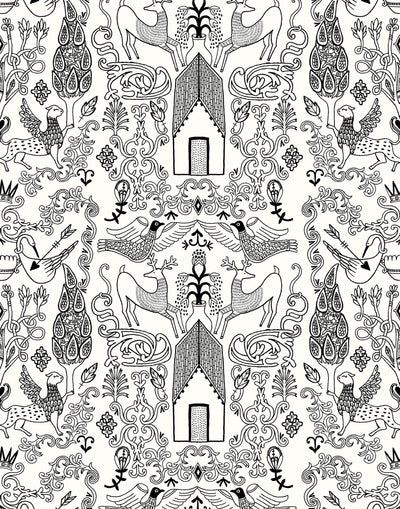 Nethercote Large (Black) features a black on white pattern of a country home and garden illustrated by Julia Rothman