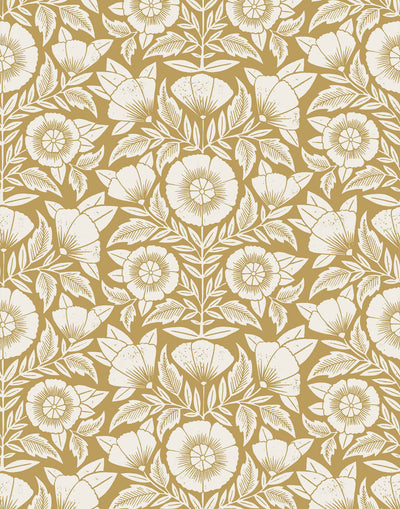 Conservatory wallpaper featuring stylized petals and leaves dervived from a block-print technique was designed by Katharine Watson for Hygge & West. Featuring white flowers on and ochre / yellow mustard wallpaper background.