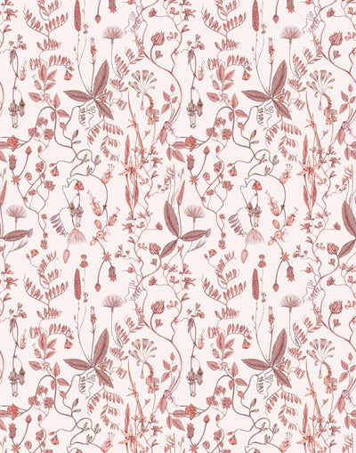 Sonoma (Blush) wallpaper with shades of mauve and taupe flowers and leaves on a pink background