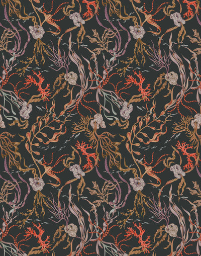 Atoll (Coral) wallpaper features shades of orange, purple, brown and green seaweed and coral on a soft black background