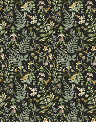 Secret Garden (Ebony) wallpaper features shades of green, pink and taupe plants, birds and butterflies on black background