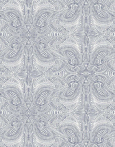 Andanza Navy wallpaper featuring a delicate pattern created using a stippling technique in navy blue on white