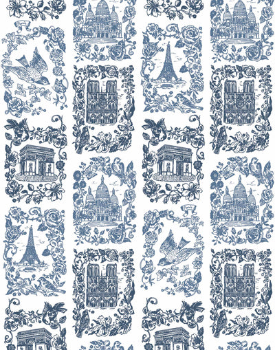 Je T'aime Paris (Porcelain) wallpaper featuring blue illustrations of Paris landmarks on a white background | Nathalie Lete + Hygge & West