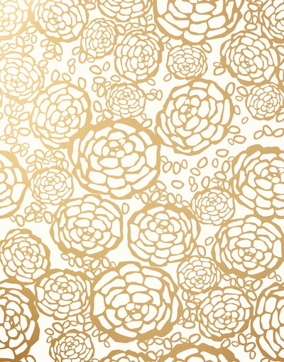 Petal Pusher (Gold) features metallic floral wood cut design on a white ground