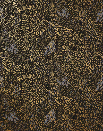 Forest Floor (Ebony) features an intricate, leafy pattern in metallic gold and gray on black