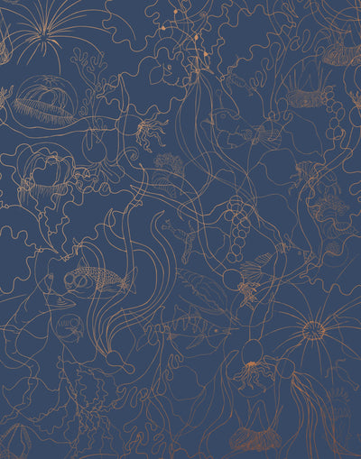 Underwater World (Deep Blue) features a yet delicate pattern of fish and seaweed in metallic copper on blue