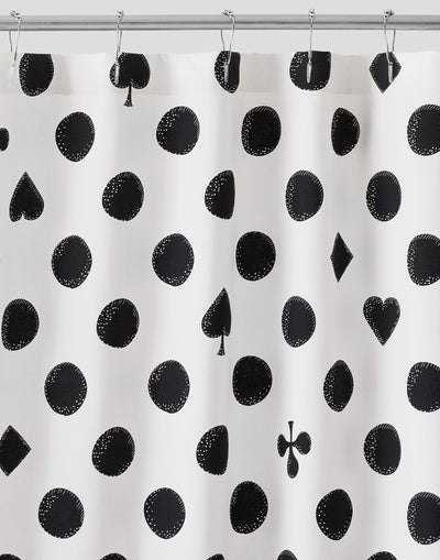 Cards Shower Curtains featuring black polka dots on white background