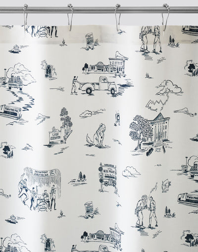 Hill Valley Toile (Denim) Shower Curtain with navy blue illustrations on a white background depicts scenes from the iconic movie Back to the Future and was created in collaboration with Universal | Hygge & West