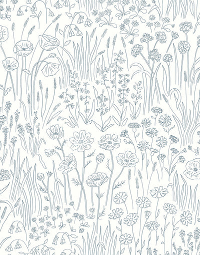 Alpine Garden Tonal (White) featuring hand drawn flowers in blue on a true white background | Schoolhouse x Hygge & West Wallpaper Collection