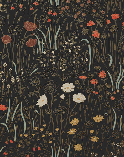Alpine Garden Multi (Ebony) featuring hand drawn flowers in red, white and mustard yellow with metallic gold accents on a black background | Schoolhouse x Hygge & West Wallpaper Collection