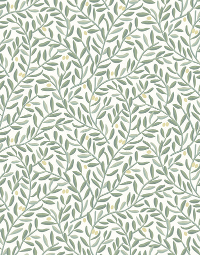 Olive Grove (Spruce) featuring a leafy vine motif in shades of green with pale yellow accents on an off white background | Schoolhouse x Hygge & West Wallpaper Collection