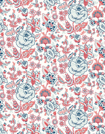 Florebela (Coral) | A coral and blue floral pattern on off white background