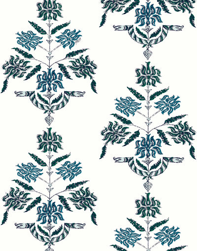 Soldo (Laurel) | A green, blue and true white pattern of snakes intertwined with flowers