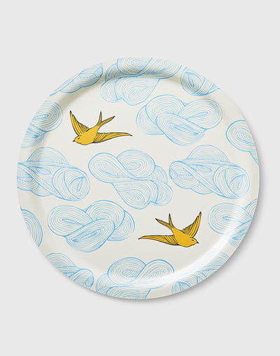 Modern serving tray with Daydream (Sunshine) pattern | yellow birds and blue clouds on a white background | Hygge & West