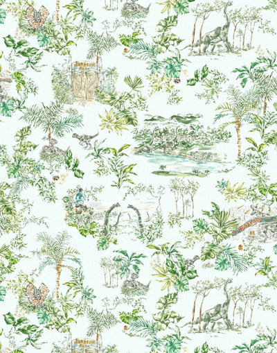 Dinosaur illustrated wallpaper inspired by the movie Jurassic Park | kids wallpaper | nursery wallpaper | Light blue background with green and brown illustrations