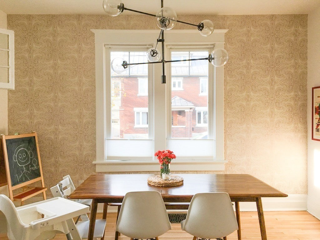 Andanza (Copper) Wallpapered installed in a dining room by Roll Her Sleeves