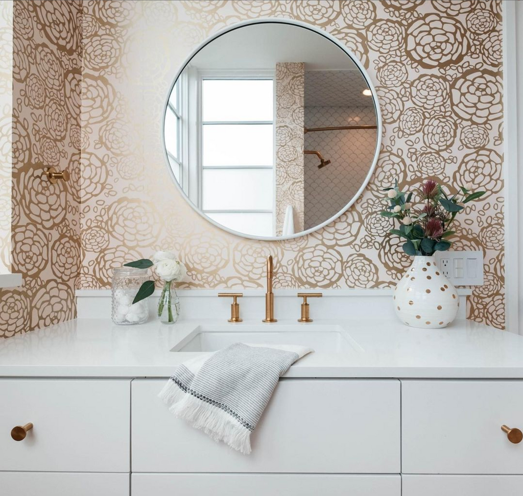 Petal Pusher (Blush) Walllpaper in bathroom | Design by Blue House Texas | Hygge & West