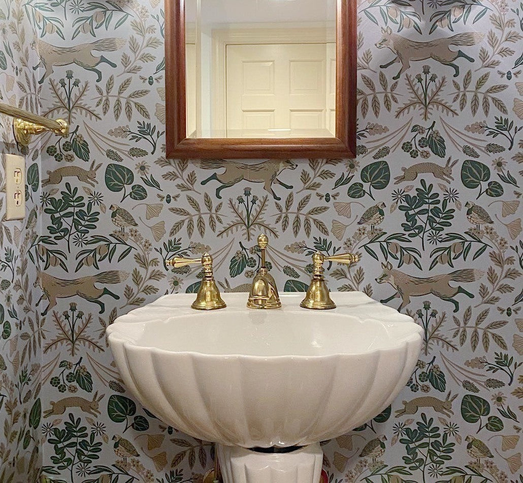 Piedmont (Mist) Wallpaper in a powder room installed by The Wallpaper Guy